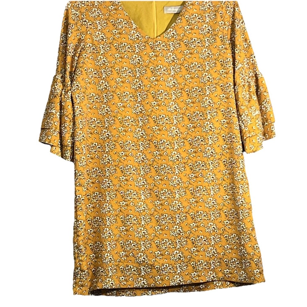 Belongsci Women's L Gold Floral Crepe V-Neck Layered Bell Sleeve Shift Dress Top